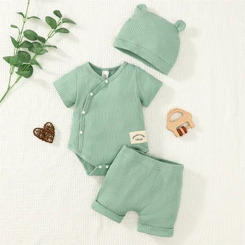 Комплект повседневной одежды для новорожденного мальчика 0-9 месяцев, комбинезон с коротким рукавом, топ + шорты со шляпой, Летняя повседневная одежда из 3 предметов