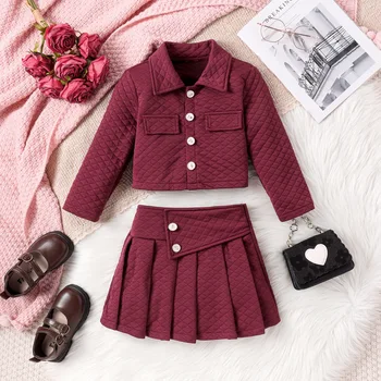Костюм с юбкой для девочек, осень-зима, однобортный однобортный комплект из хлопка в клетку с длинными рукавами + юбка, комплект детской одежды из 2 предметов