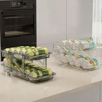 Кухонный органайзер Полка для холодильника Органайзер для хранения ящиков в холодильнике Двухъярусный Диспенсер для банок газировки для кухни