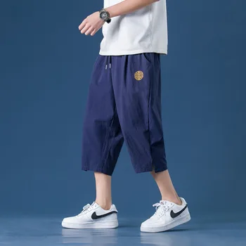 Летние Длинные Винтажные однотонные повседневные шорты, мужские брюки из тонкого льна с эластичным поясом, Китайский Новый тренд, Свободная мужская уличная одежда