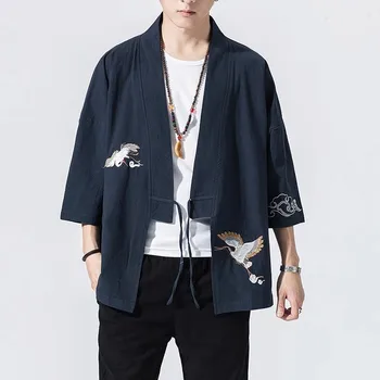 Летние мужские куртки-кимоно 2023, кардиган, легкие повседневные хлопчатобумажные смеси, белье, пальто с семью рукавами, верхняя одежда с открытой передней частью