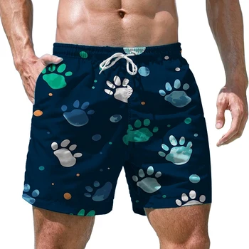 Летние мужские пляжные брюки, быстросохнущие шорты для плавания, шорты с 3D-печатью с мультяшным котом, Гавайские пляжные шорты на завязках