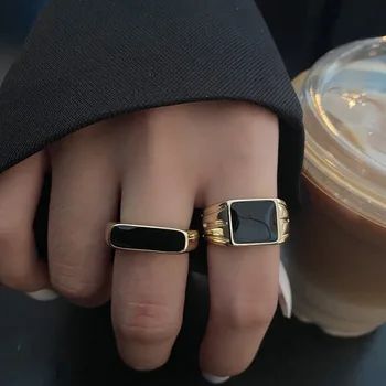 Массивное черное кольцо-печатка, модные кольца с эмалью из черного оникса, регулируемые кольца для мужчин, подарок для него или Нее для женщин