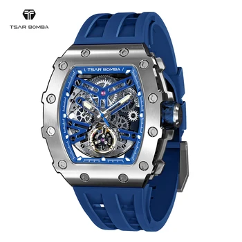 Механические часы TSAR BOMBA для мужчин, сапфировые наручные часы Tonneau, синие часы со скелетом, модные роскошные мужские автоматические часы
