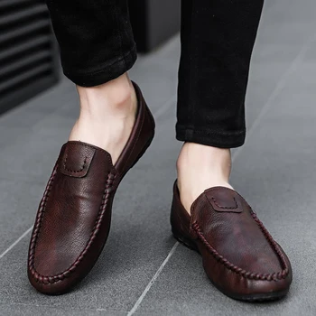 Модная мужская обувь для вождения, Кожаные лоферы Mocassin Homme без застежки, Повседневные дышащие Мягкие удобные