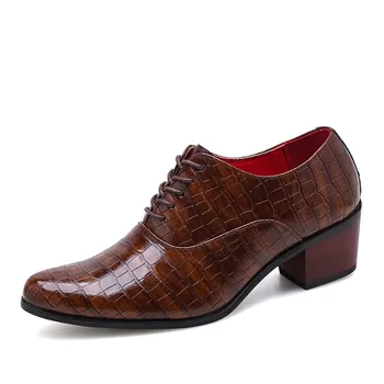 Модные мужские официальные туфли из микрофибры с острым носком на высоком каблуке, увеличивающие рост, Кожаные туфли в клетку на шнуровке