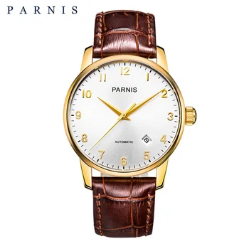 Модные мужские часы Parnis с 38-миллиметровым золотым механизмом, кожаный ремешок, календарь, сапфировое стекло, мужские роскошные часы reloj hombre