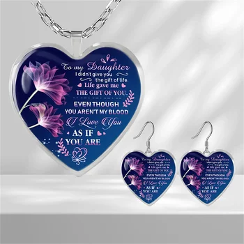 Модный Фиолетовый Цветочный узор, Стеклянное ожерелье с подвеской в форме сердца, Серьги, Набор для Выпускной Вечеринки, Подарок на День Рождения, Набор украшений для девочки