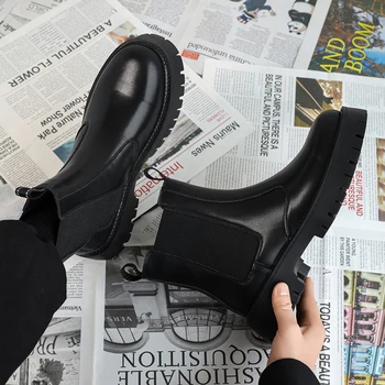 Мужская зимняя обувь вечерние ботинки Черные мотоциклетные ботинки Теплые оксфордские мужские ботильоны из натуральной кожи высокого качества Big Siz