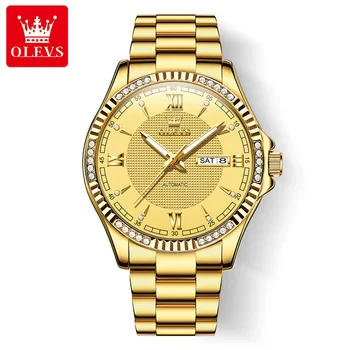 Мужские часы OLEVS, роскошные деловые автоматические механические часы для мужчин, золотые, водонепроницаемые, светящиеся, из нержавеющей стали, Тенденция недели