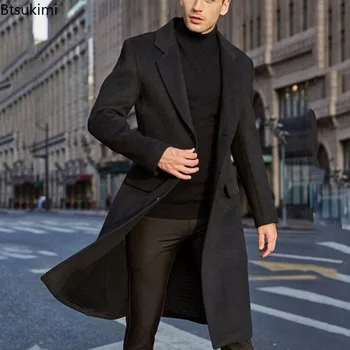 Мужское пальто с длинным рукавом 2023 года Корейский тренд Осень Зима Мужское пальто Куртка Однотонное шерстяное длинное пальто Мужская уличная одежда Тренч