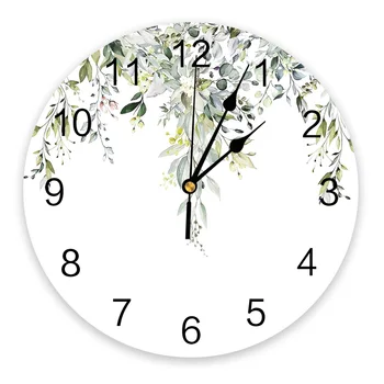 Настенные часы с акварельными зелеными листьями, бесшумные цифровые часы для украшения дома, спальни, кухни, подвесные часы