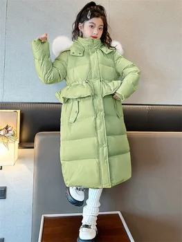 Новая длинная хлопчатобумажная куртка для девочек, зимняя одежда для подростков, Модная пуховая верхняя одежда, детское теплое утепленное пальто, Ветрозащитные трендовые пальто
