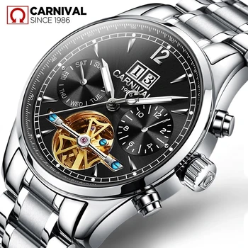 Новый швейцарский люксовый бренд CARNIVAL, автоматические механические мужские часы, сапфировый скелет с маховиком, Многофункциональные часы C8730