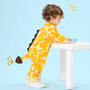Одежда для новорожденных 0-3 лет, боди для мальчиков и девочек, хлопковые комбинезоны с длинными рукавами, цельный комбинезон с милым кавайным жирафом с длинными рукавами