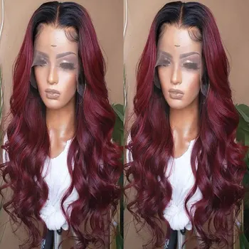 Омбре Винно-красный Парик из синтетических волос на кружеве, Предварительно Выщипанный Высококачественный Объемный парик из термостойкого волокна с натуральной линией роста волос для женщин
