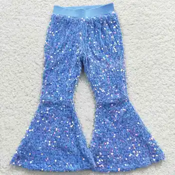 Оптовая продажа Детской блестящей одежды для маленьких девочек, Бутик для малышей, блестки, Мягкая удобная Детская подкладка, Синие брюки-колокольчики