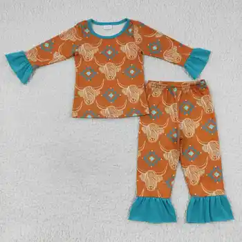 Оптовая продажа детской одежды, зимний милый альпийский костюм с головой быка, оранжево-зеленые брюки с длинными рукавами, одинаковые пижамы для мальчиков и девочек, наряды