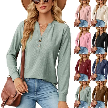 Осенне-зимние женские однотонные рубашки, повседневные свитера с V-образным вырезом, жаккардовый дизайн, приталенная рубашка с длинным рукавом, топ, женская домашняя одежда