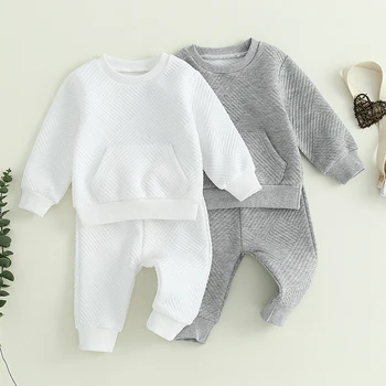 Осенне-зимняя одежда для маленьких мальчиков из 2 предметов, передний карман с длинным рукавом, текстурированная толстовка, топы и брюки, комплект одежды для малышей