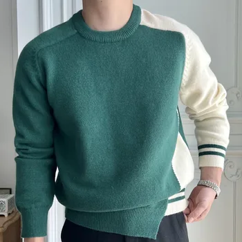 Осенний свитер для мужчин, Вязаный свитер с круглым вырезом, Свитер с контрастной строчкой, мужской пуловер, Свитер Pull Homme