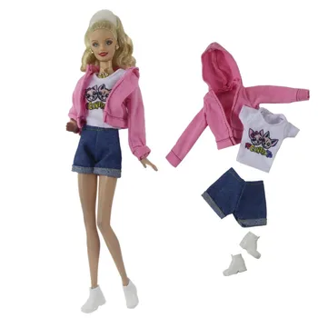 Официальный NK 1 комплект Элегантного кукольного послеобеденного чайного сервиза: розовая куртка с капюшоном + Футболка + брюки + обувь Для куклы Барби, игрушки, аксессуары для вечеринок.