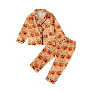 Пижамный комплект на Хэллоуин для маленьких девочек и мальчиков, топы с длинными рукавами и пуговицами с принтом тыквы, Длинные брюки, 2 предмета, пижамный костюм для отдыха, одежда для сна