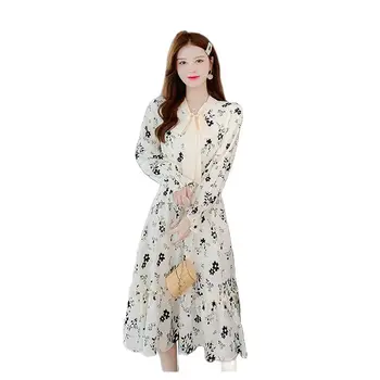 Платье с винтажным принтом 2023, осень-зима, V-образный вырез, тонкие рукава-пузыри, универсальный теплый плюш, Бесплатная доставка