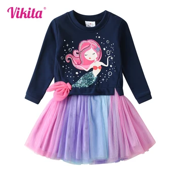 Платье-свитер для девочек VIKITA, Зимняя детская хлопчатобумажная одежда, детские платья принцессы в стиле пэчворк с русалочкой, повседневное платье с героями мультфильмов для малышей
