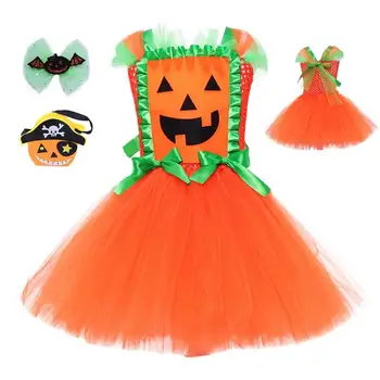 Платье-тыква для девочек на Хэллоуин, костюм призрака, платье с сумкой, наряды на Хэллоуин, наряды для вечеринки