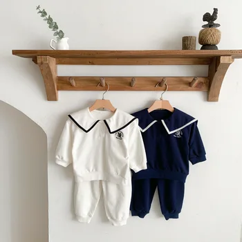 Повседневный спортивный костюм для малышей с вышивкой буквами, Комплект одежды для младенцев, топы с активным хлопковым матросским воротником + брюки, 2 предмета для маленьких девочек и мальчиков
