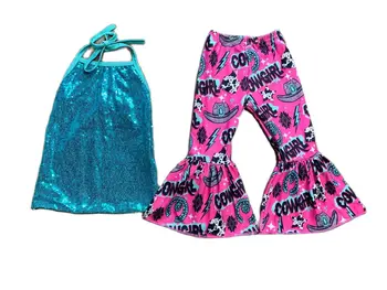 Подтяжки с блестками, комплект из двух предметов, летний модный костюм для девочек, топ на подтяжках, расклешенные брюки, Бутик детской одежды Оптом