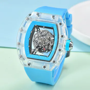 Полнофункциональные мужские часы RM с 3-контактным прозрачным дном, лучший бренд класса люкс, хрустальный ободок, мужские кварцевые