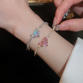 Полный стразов Регулируемый 18-каратный Позолоченный браслет с сердечком Любви для женщин 2022 Новый Модный Браслет с розовым цирконием Ювелирные Подарки