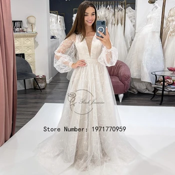 Простые свадебные платья цвета шампанского с V-образным вырезом, классические свадебные платья с пышными рукавами и шлейфом из мягкого тюля Vestido De Novia