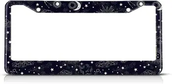 Рамка для номерного знака, рамка для автоматической маркировки, Луна и звезды над черным держателем номерных знаков, черно-белые декоративные автомобильные номерные знаки