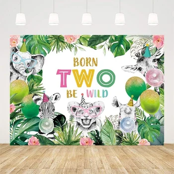 Рожденные вдвоем, будь диким фоном для малыша, с Днем рождения, Сафари по джунглям, Лесные животные, тропические листья, Второй воздушный шар