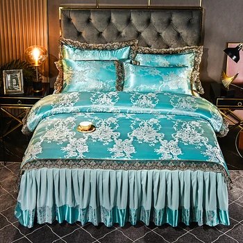 Роскошная кружевная юбка для кровати, атласный комплект постельного белья Home Queen King Size, комплект постельного белья 4шт, пододеяльник, наволочки, Комплект простыней, голубой