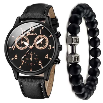 Роскошные мужские кварцевые часы в деловом стиле, кожаный ремешок, черные комплекты из двух предметов, наручные часы для мужчин с водонепроницаемым указателем