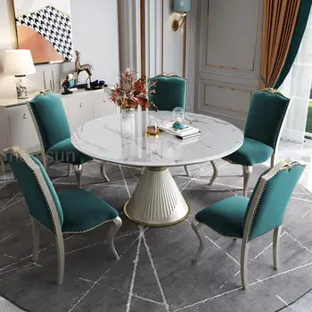 Роскошный кухонный стол и стулья Воронкообразной формы, домашняя мебель на основе нержавеющей древесины, Столешница из белого мрамора, Наборы круглых обеденных столов