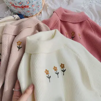 Свитер для маленьких девочек от 2 до 8 лет, элегантная зимняя одежда, вязаный пуловер с высоким воротом, топ с длинным рукавом, эластичный детский трикотаж