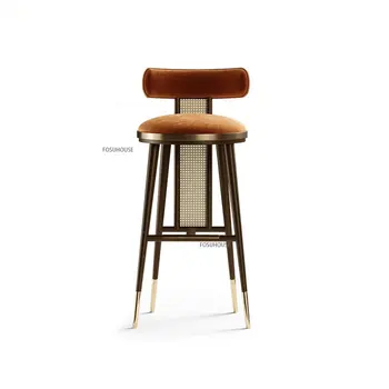 Современный барный стул из ротанга из массива дерева для кухни, высокие барные стулья, домашний простой креативный барный стул, легкий роскошный высокий стул со спинкой