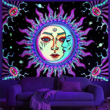 Солнечный и лунный гобелен Blacklight, реагирующий на ультрафиолетовое излучение, Психоделический гобелен, эстетичный настенный гобелен, неоновый декор для дома в общежитии