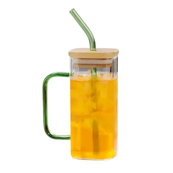 Стеклянная кружка-стакан с широким горлышком и ручкой-крышкой для смузи, холодного кофе, сока