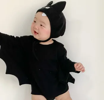 Унисекс, детский костюм на Хэллоуин, одежда для малышей, Осенние комплекты боди и шляпы для мальчика-летучей мыши, 2023, боди с длинным рукавом, топ для младенцев