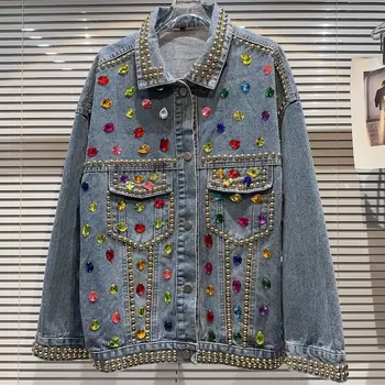 ХАЙ-СТРИТ, Новейшая дизайнерская мода 2023 года, Женская Свободная джинсовая куртка, усыпанная драгоценными камнями, Верхняя одежда, пальто Осень
