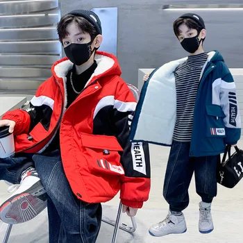 Хлопчатобумажная одежда с капюшоном для мальчиков-подростков в стиле пэчворк Карго с буквенным принтом, плюшевый утолщенный теплый Корейский Зима 2023 5-12 лет