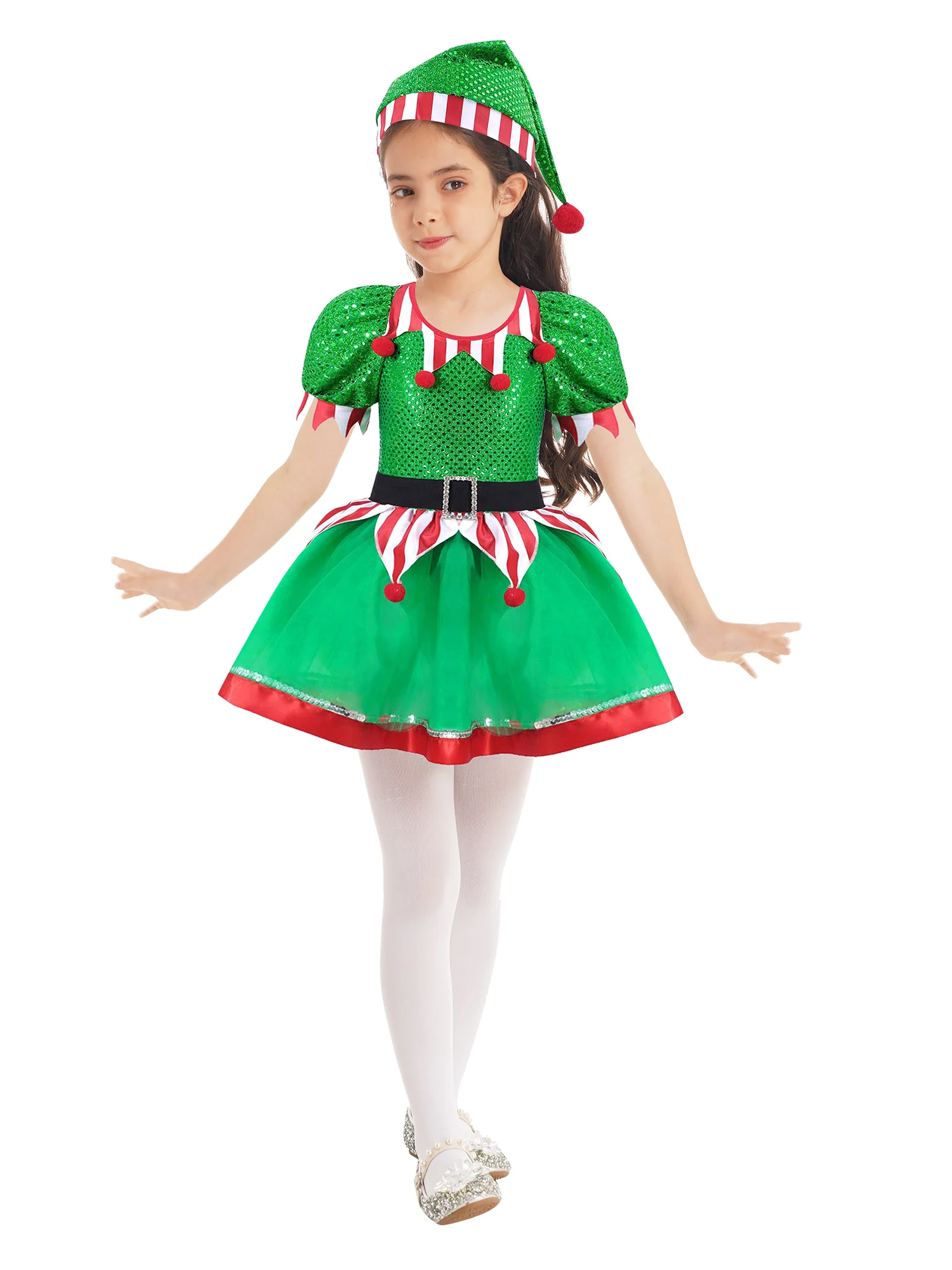 Дети Девочки Хэллоуин Рождественский костюм эльфа для косплея Рождество Новый год Платье Санта Клауса, украшенная блестками и помпонами сетчатая пачка со шляпой Изображение 3