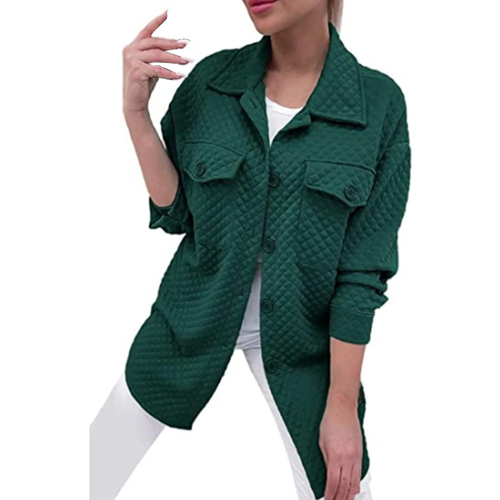 Женская однотонная куртка с длинными рукавами, воротником на пуговицах И повседневными карманами, женская одежда в винтажном стиле Изображение 2