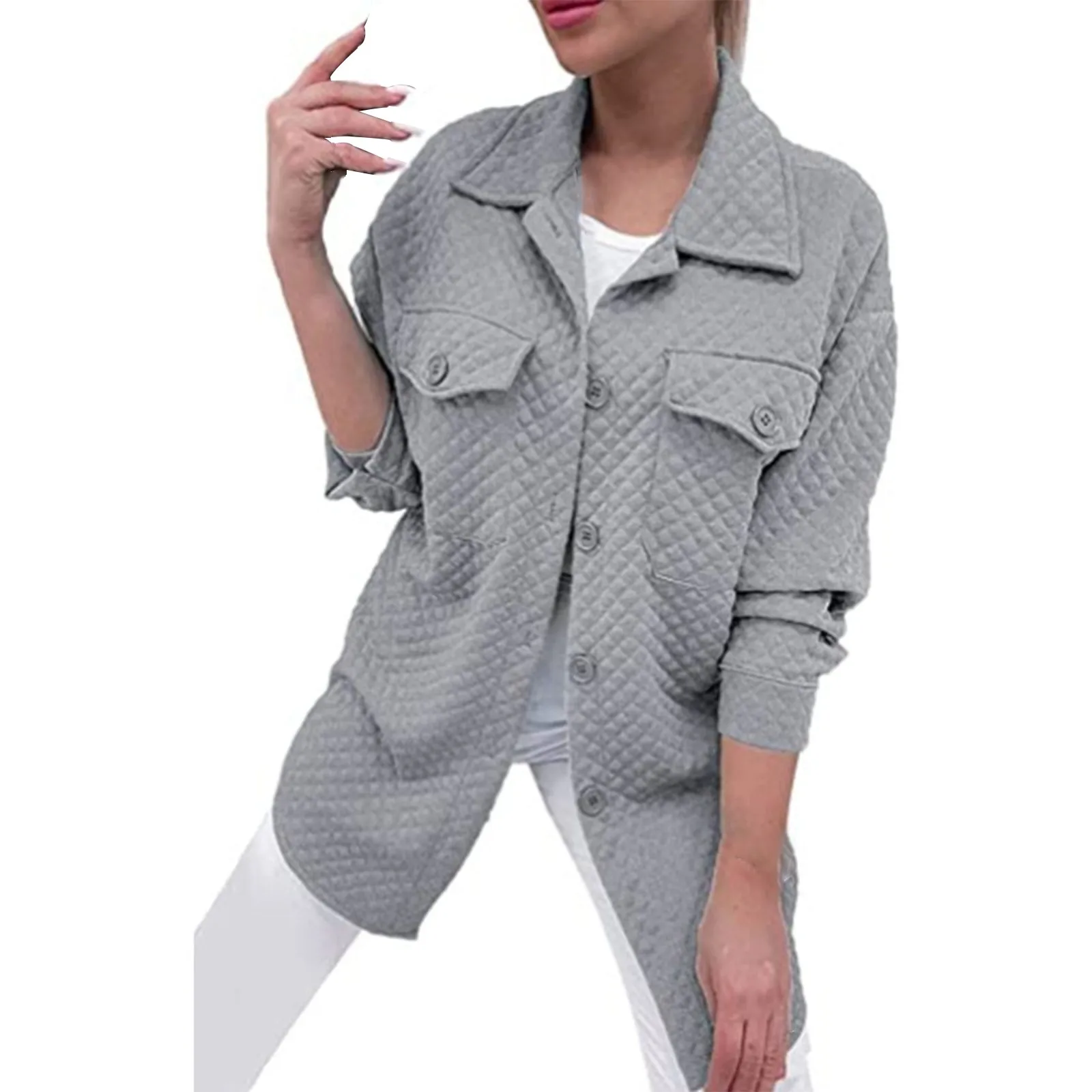 Женская однотонная куртка с длинными рукавами, воротником на пуговицах И повседневными карманами, женская одежда в винтажном стиле Изображение 3